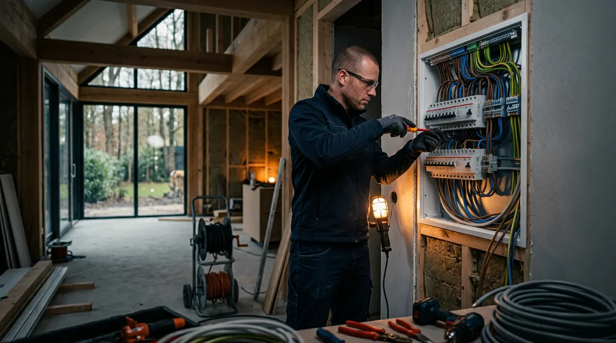 Monteur van R.A. Installatiebedrijf installeert een groepenkast in een nieuwbouwwoning